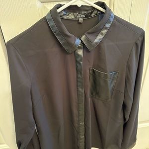 Black Express blouse with faux leather lined collar and sleeves.